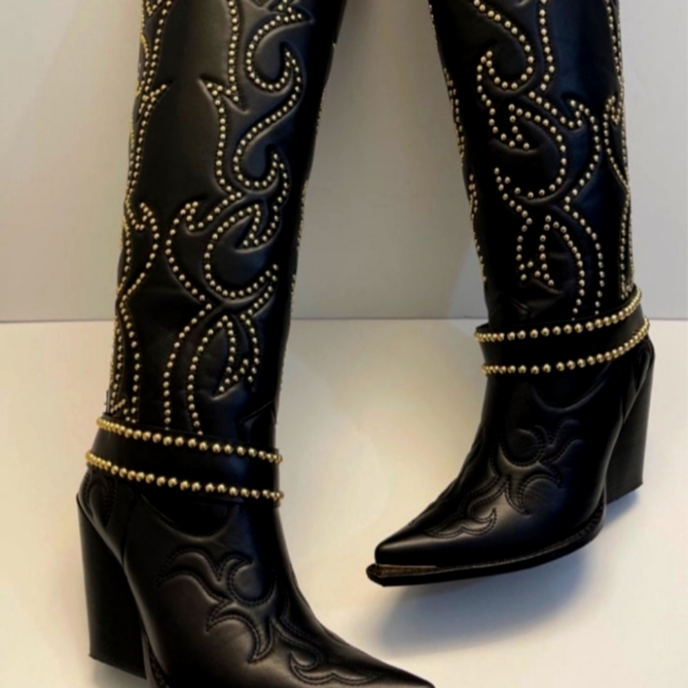 JEFFREY CAMPBELL AMIGOS GOLD STUDDED OVER THE KNEE BOOTS EUC